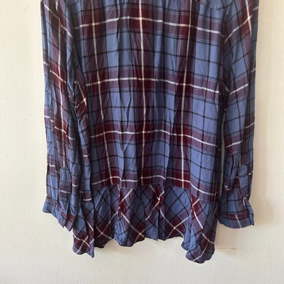 Christopher & Banks Blouse Womens XL Blue Plaid Button Front Ruffle Hem Collared - Picture 7 of 7